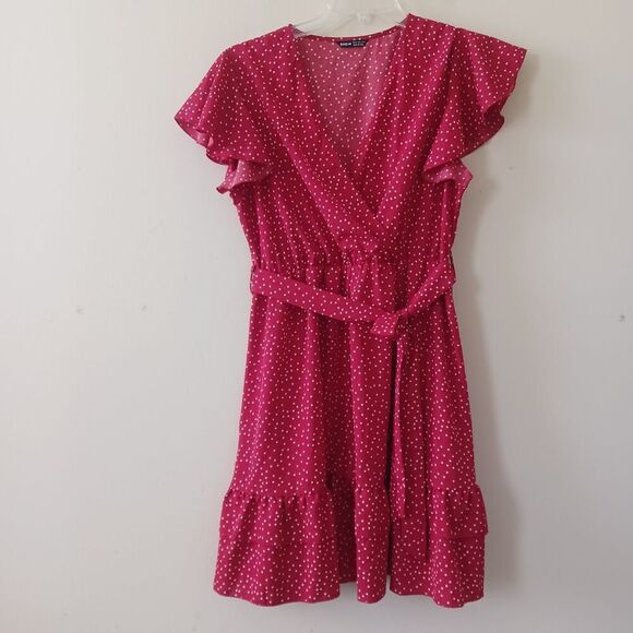 Shein XL Faux Wrap Surplice‎ VNeck Ruffle Tier Red Polka Dots Tie Waist Casual - Picture 1 of 8